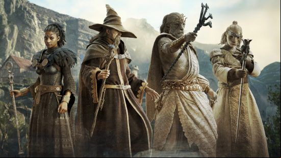 four mages from dragons dogma 2 wearing different sets of armor