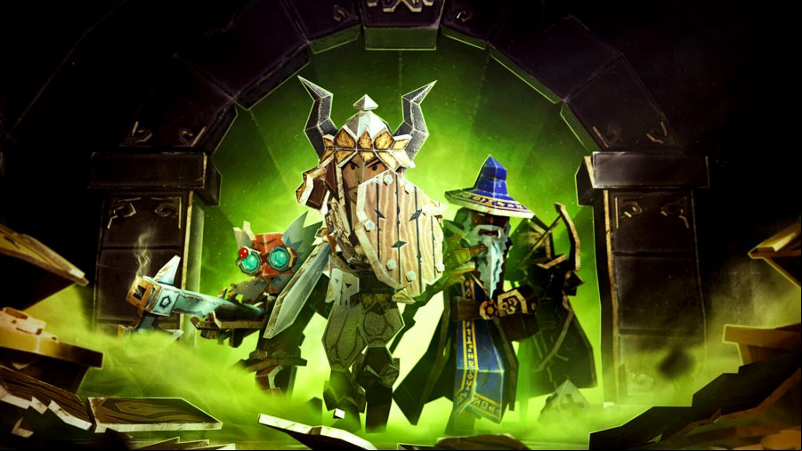 Hellcard - Three adventurers walk through a stone archway.