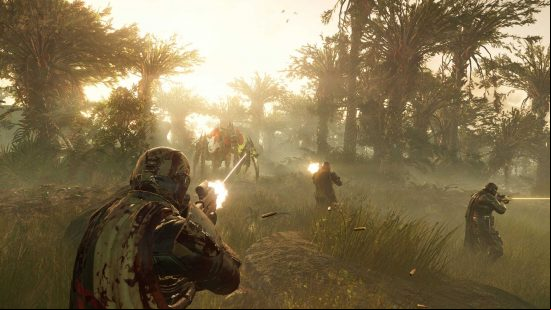 Players in Helldivers 2 shooting at a target. 