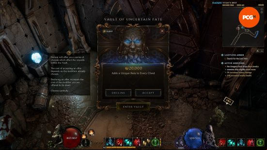 Last Epoch dungeons - The Vault of Uncertain Fate, a gold-sink gambling game offered as a reward for completing the Lightless Arbor dungeon.