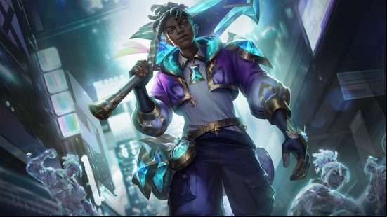 LoL ranks explained: a man weilding a bat a wearing purple clothes.