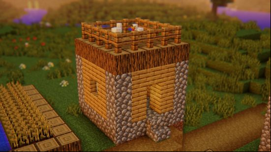 A small hut with chickens on the roof, and a warm glow in the atmosphere, thanks to one of the best Minecraft shaders, Potato shaders.