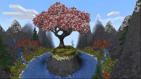 A giant pink and white custom tree built in Lovercraft, one of the best Minecraft servers.