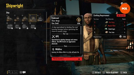 The shipwright offers the Skull and Bones Firebrand Barge recipe from the ship blueprint. 