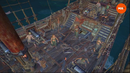 The deck of a Skull and Bones ship, as the crew work.