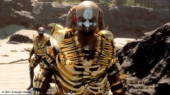 Sons of the Forest version 1.0 launch - Several enemies wearing golden bone-shaped armor approach you, looking angry.