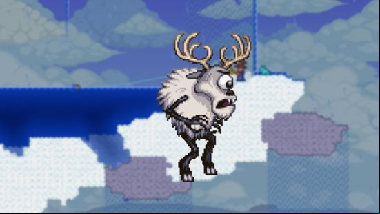 Deerclops, a grey, one-eyed mountain deer, and one of the Terraria bosses.