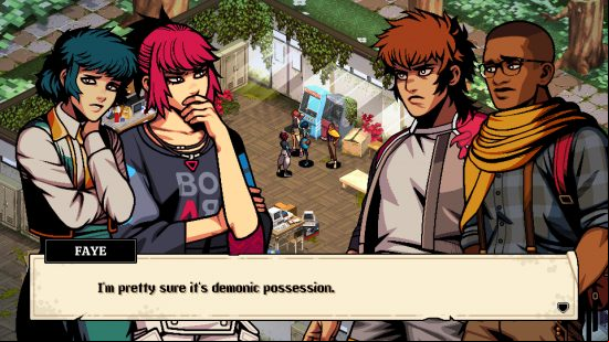Demonschool - Four characters meet in the clubhouse. Faye says, "I'm pretty sure it's demonic possession."