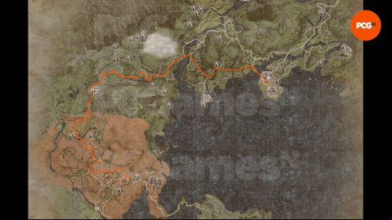 A map with an orange line showing the route you need to take to safely make it to Battahl in the Dragon's Dogma Nation of the Lambent Flame quest.
