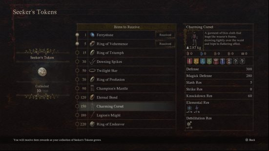 a list of seekers tokens rewards in dragons dogma 2