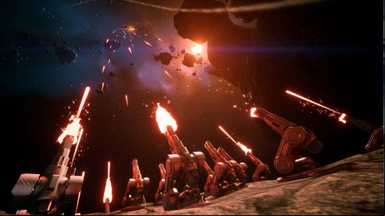 Everspace 2 Incursions - A cluster of sticky turrets firing into space.