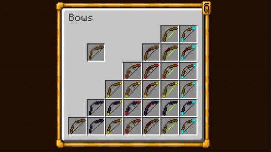 Multiple sprites showing different enchanted bows thanks to Visual Enhancements, one of the best Minecraft texture packs.