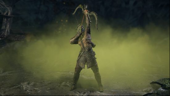 Path of Exile 2 - The Ranger aims a bow upwards to fire a shot high into the air.