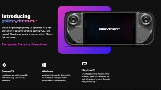 a mockup of the playtron handheld with descriptions for the gaming libraries it will work with and comparisons to windows and Steam OS