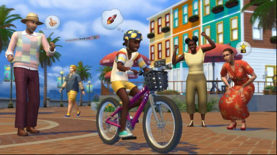 A family with  from all generations crowd around as a young girl learns to ride a bike in The Sims 4 Growing Together expansion pack.