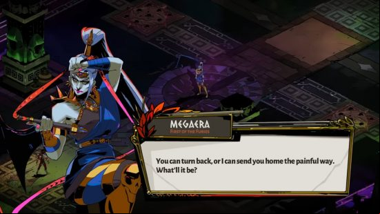 Steam Spring Sale 2024 best games - Megaera from Supergiant roguelike Hades, a blue-skinned woman with a high ponytail clutching a whip.