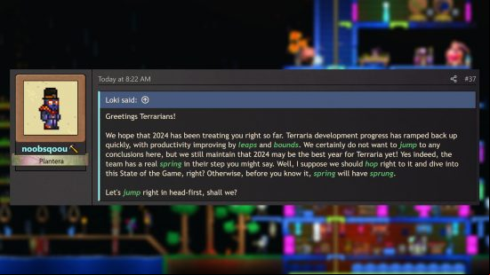 Terraria 1.4.5 update -  'noobsqoou' highlights spring-related words in the post from Ted 'Loki' Murphy.