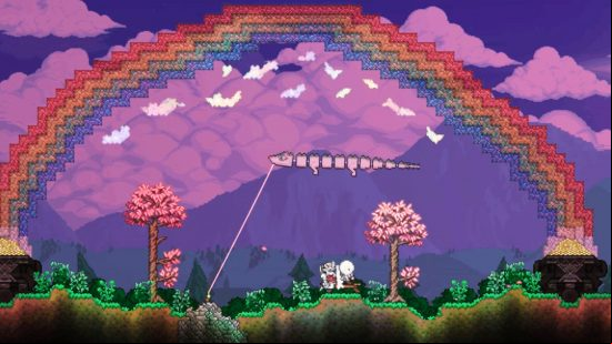 Terraria 1.4.5. update spoiler - A long kite flies, tied to a post in the ground, underneath a giant rainbow.