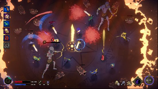 33 Immortals gameplay, a huge field of enemies attack a few different heroes from a top down perspective.