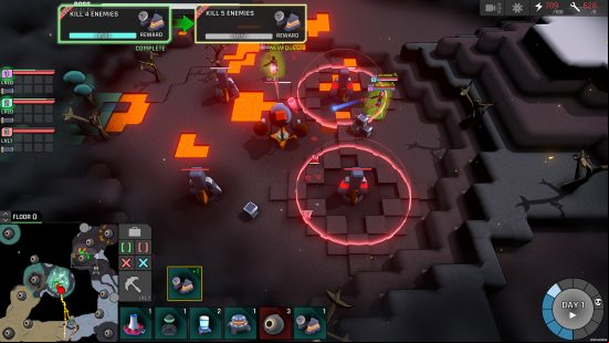 A screenshot from Block Strategy that shows a few towers fighting off attackers in a dark, lava-filled area of the map 