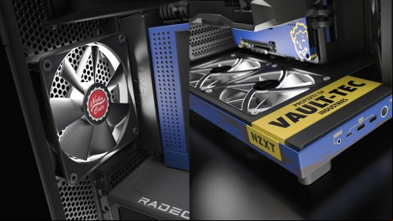 a side by side closeup showing the internal design of the fallout custom gaming pc 