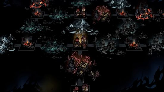 A screenshot from the  Kingdoms free update for Darkest Dungeons 2 featuring the game world complete with safe haven inn and a few other locations.