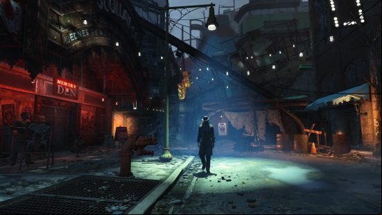 Best Fallout games: a man wearing a trenchcoat is lit from above by a streetlamp while the rest of the area is in darkness.