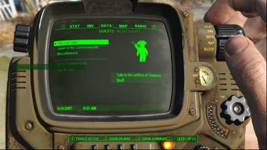 The First Steps quest highlighted in the PIP-Boy