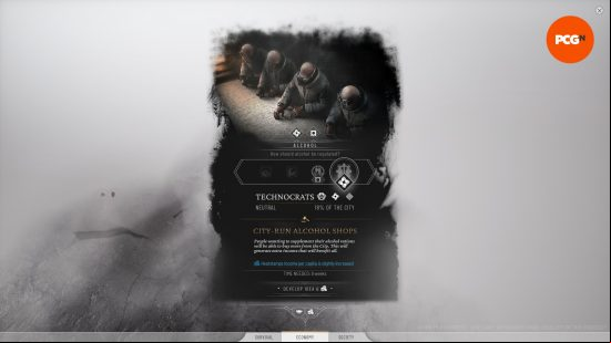 The law regarding city-run alcohol shops in Frostpunk 2, which effects Heatstamps income.