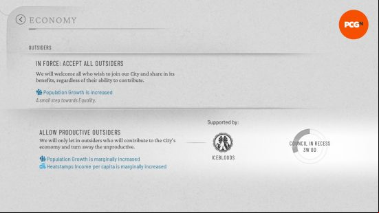 A Law regarding outsiders, which directly affects Frostpunk 2 Heatstamps income.