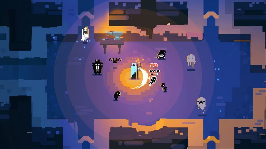 A dungeon in Into the Restless Ruins, where monsters surround a bright light and the game fades to deep purples in the distance.