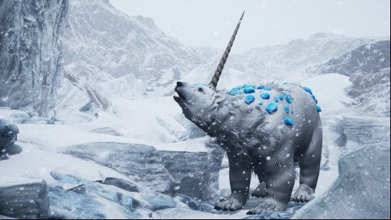 Island of Winds - A polar bear with crystal-like blue growths across its back and a twisted horn protruding from its forehead.