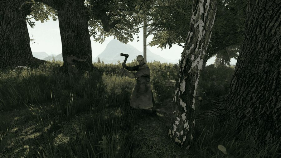 A player chops wood in a dense forest, mountains visible in the distance.