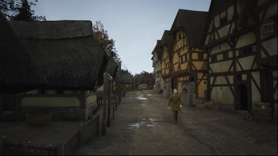 Manor Lords population: a person walking down a street in the mud.