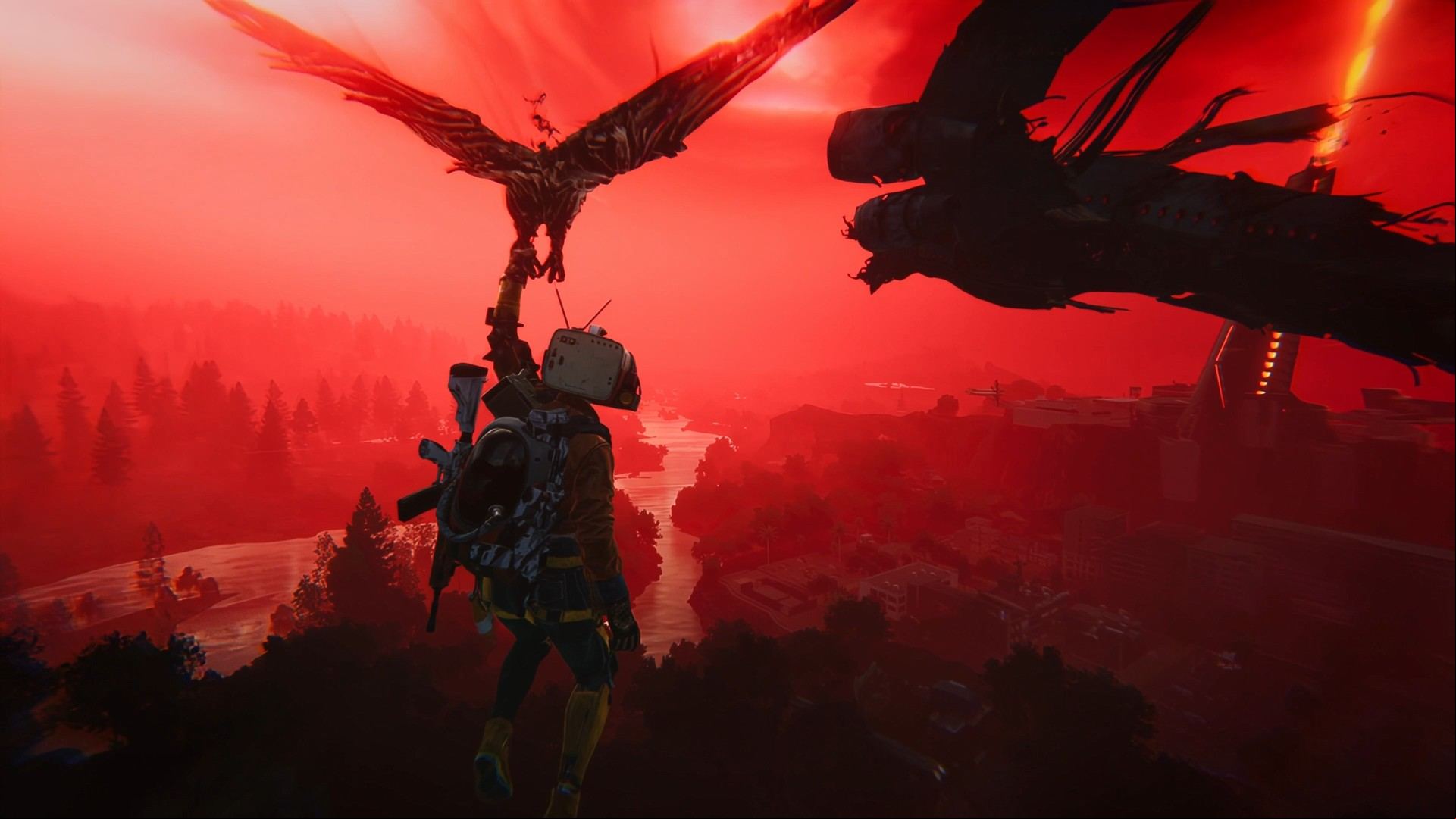 Once Human Steam survival game: A character being carried by a bird in Steam survival game Once Human