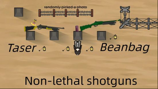 Rimworld mods: a person lying unconcious in the missle of a sandy space, surrounded by various weapons.