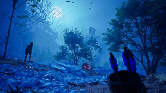 The Axis Unseen preview: The hunter checks their arrows as Bigfoot prowls nearby, silhouetted by the full moon overhead.
