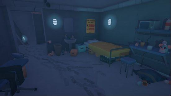 The room that serves as your base of operations beneath The Crush House, including a bed and a corridor leading to a mysterious elevator.