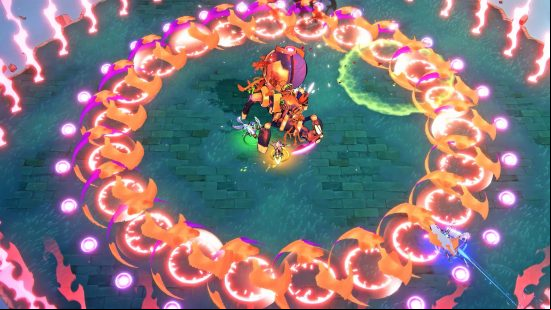 Windblown preview: The Leaper dash in to attack a boss as a sequence of bullet hell fireballs, orbs, and lightning spread in concentric circles across the map.