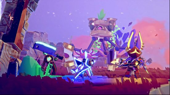 Windblown preview: A trio of Leapers takes on one of the fearsome Vortex Sentinels, a spider-like robot with a glaring eye set into its body.