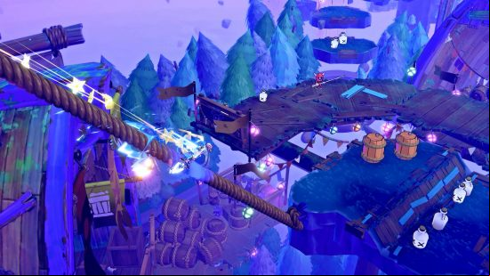 Windblown preview: A Leaper descends to a lower level of a piratical biome on a large rope.