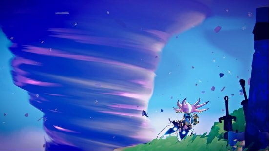 Windblown preview: One of the Leapers, a punk axolotl wielding twin blades, gazes into the Vortex from the safety of the Ark.