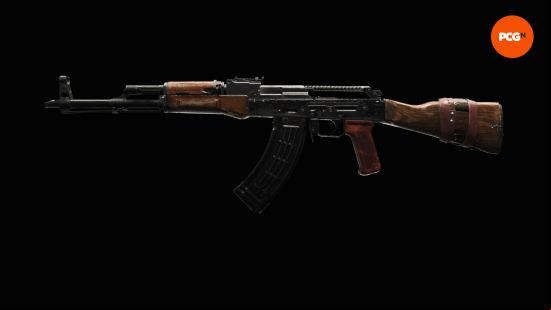 Best XDefiant loadouts: AK-47 inspect screen in the loadout menus on black background.