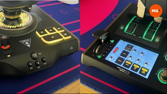 closeup of the bases for the joystick and throttle of the turtle beach velocityone flight deck
