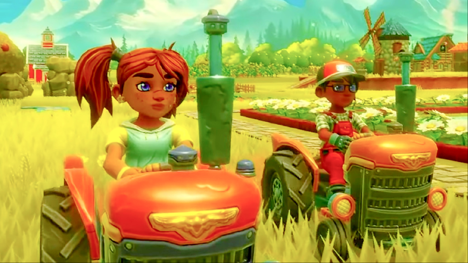 Stardew Valley gets co-op rival in exciting new farming game sequel: A girl with braids and a boy in glasses and a hat ride tractors in a field, from Farm Together 2.
