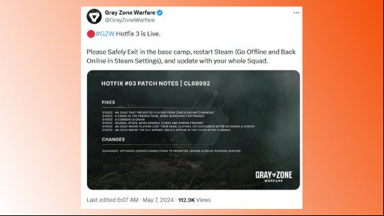 The realistic new FPS blowing up on Steam just got even better: A screenshot of Gray Zone Warfare's X post detailing bug fixes.