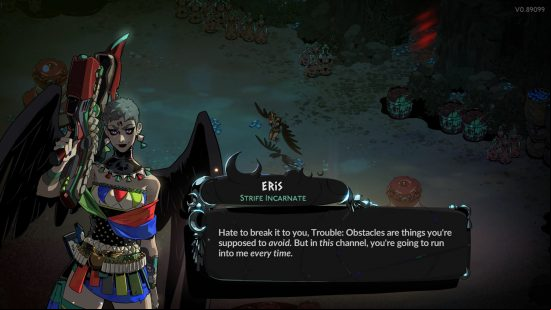 Hades 2 bosses: a female with short hair, holding a huge futuristic weapon.