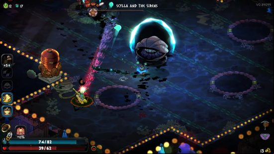Hades 2 Scylla boss: a sea creature performs a slide with their guitar, leaving a red line in their wake.