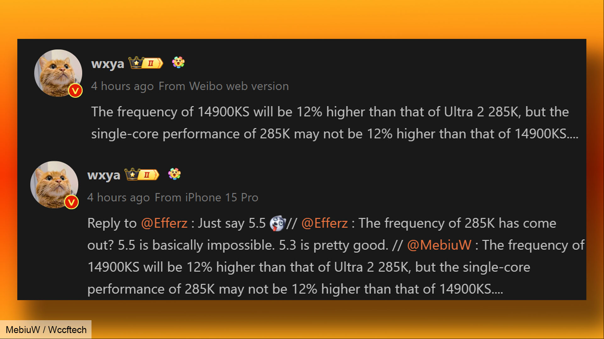 Intel's new Us won't have ridiculous clock speeds, according to leak: Intel Core 9 Ultra 285K clock speed leak screenshot from MebiuW