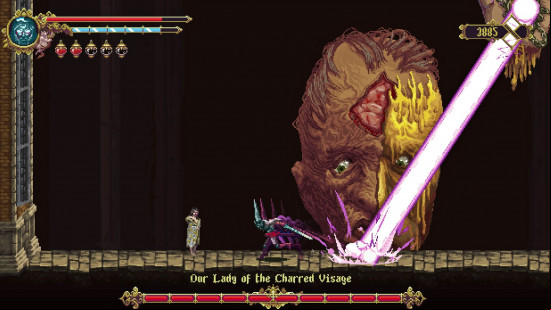 The Penitent One faces off against Our Lady of the Charred Visage in Blasphemous, one of the best Metroidvania games.